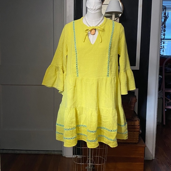 Scoop Boho Embroidered Chartreuse Yellow Dress - Picture 8 of 15